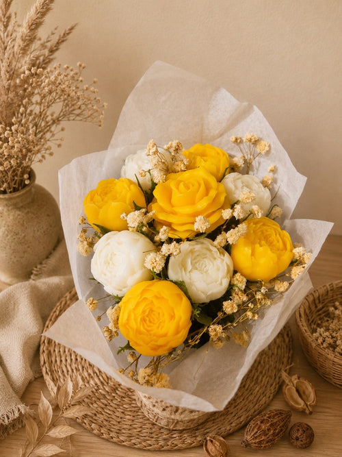 Bouquet de cire végétale Cotolia ODISSA - vue de dessus roses jaunes et blanches