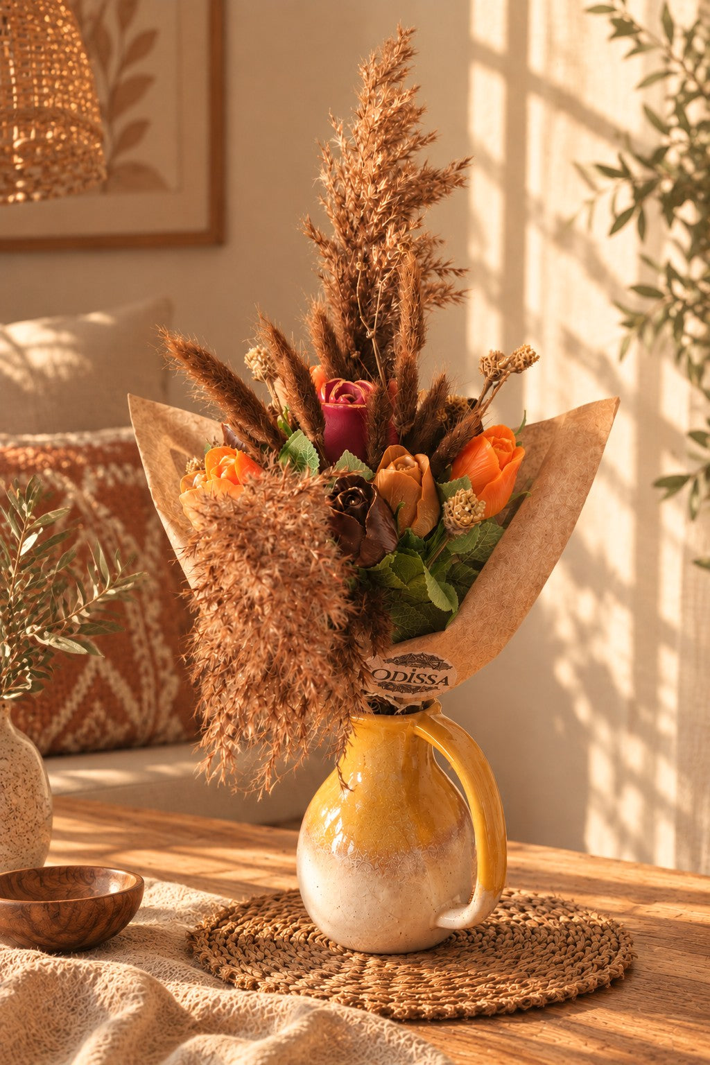 Bouquet d'automne en cire végétale Ambre Sauvage dans un pichet jaune, roses orangées et herbes séchées