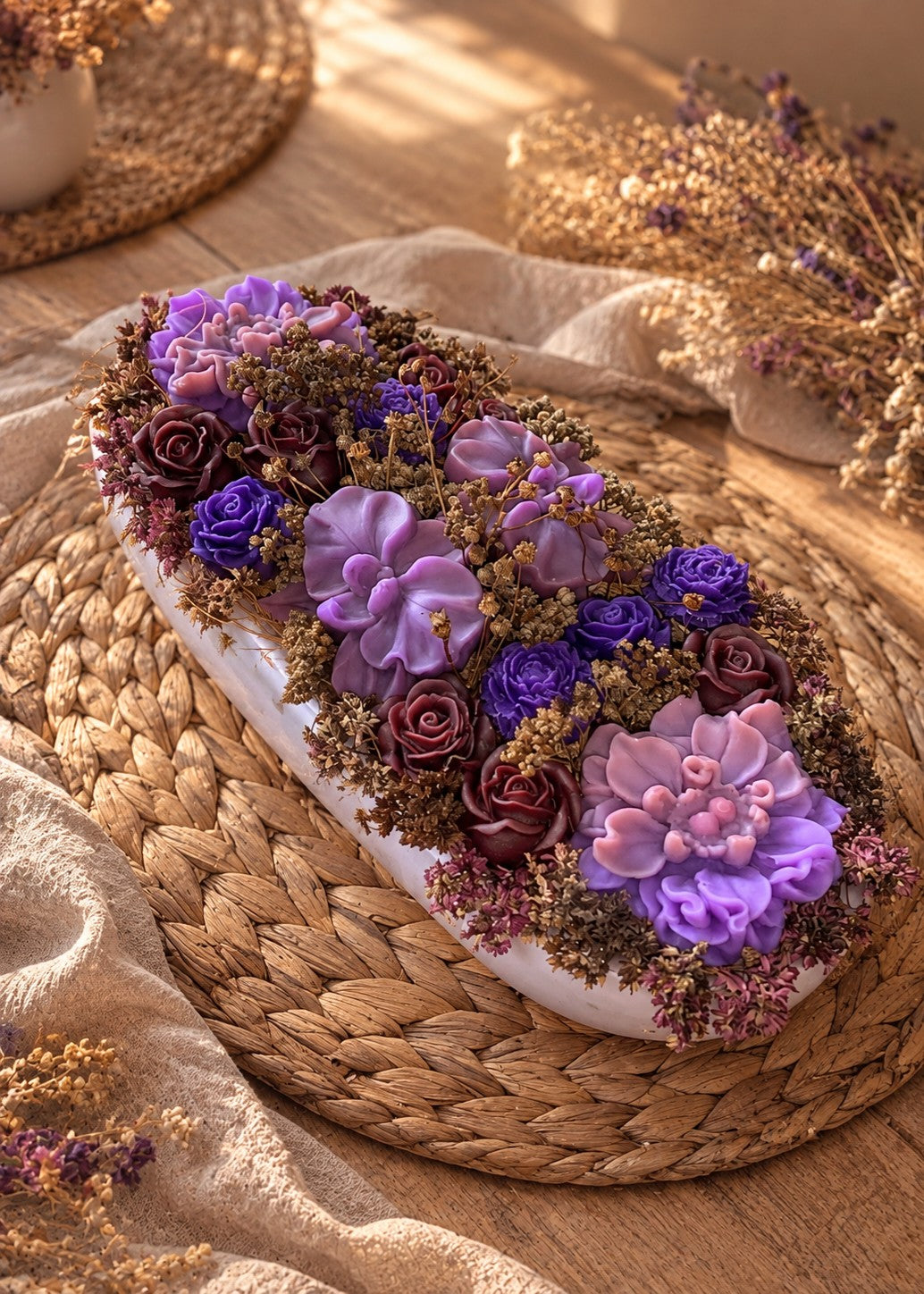 Composition florale Mauve Précieux en cire végétale, vue en plongée avec roses violettes, fleurs mauves et fleurs séchées