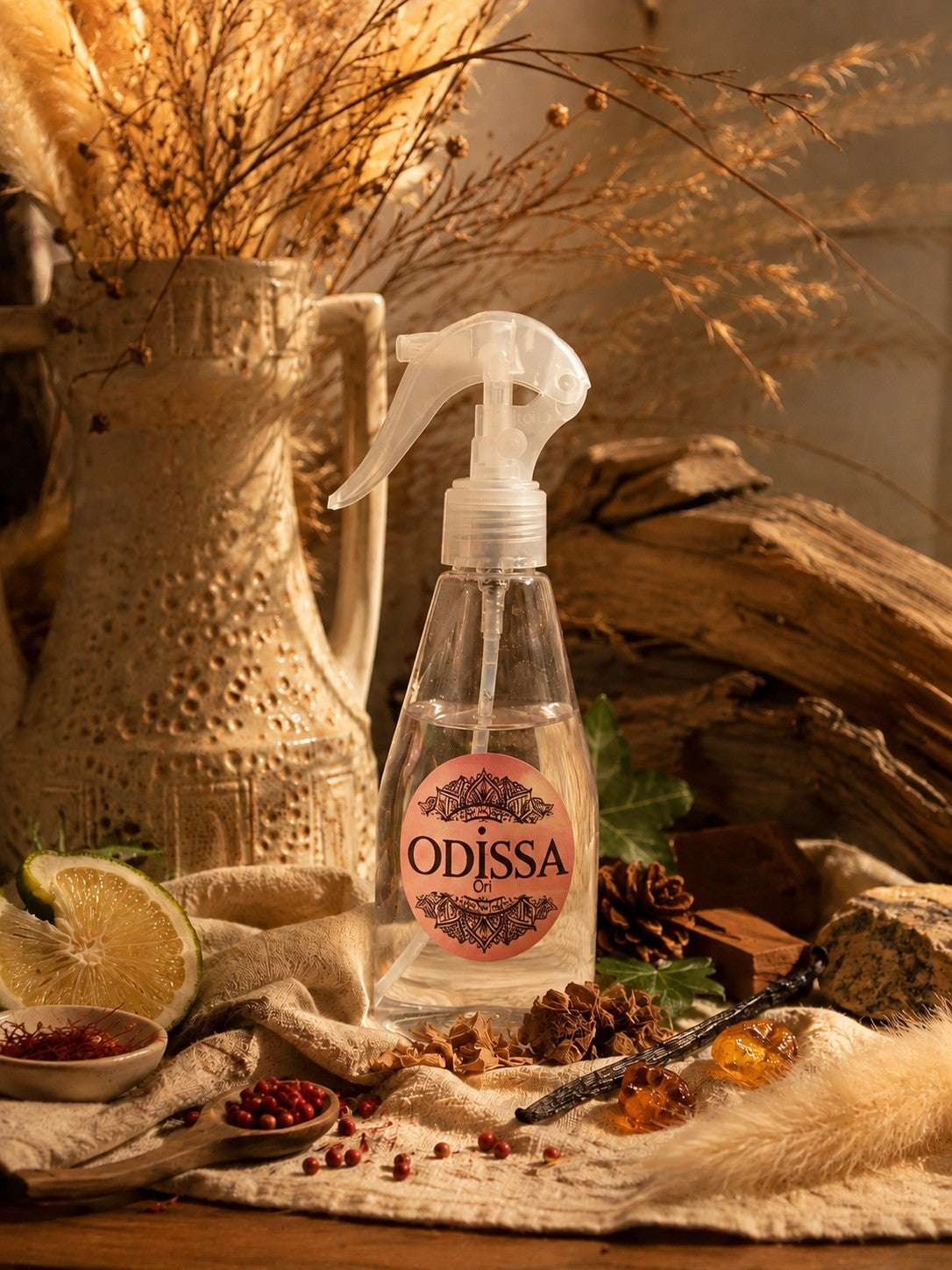 Parfum d'ambiance Ori 200 ml Odissa présenté dans un décor chaleureux aux accents d'agrumes et d'épices