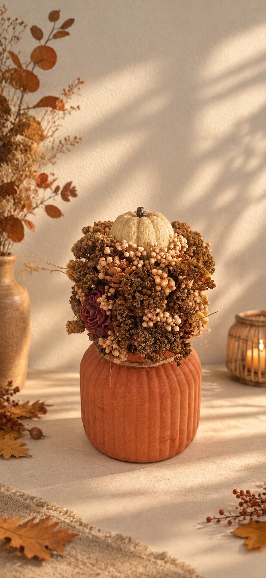 Composition florale d'automne Odissa, modèle tons froids, citrouille ivoire et baies vieux rose