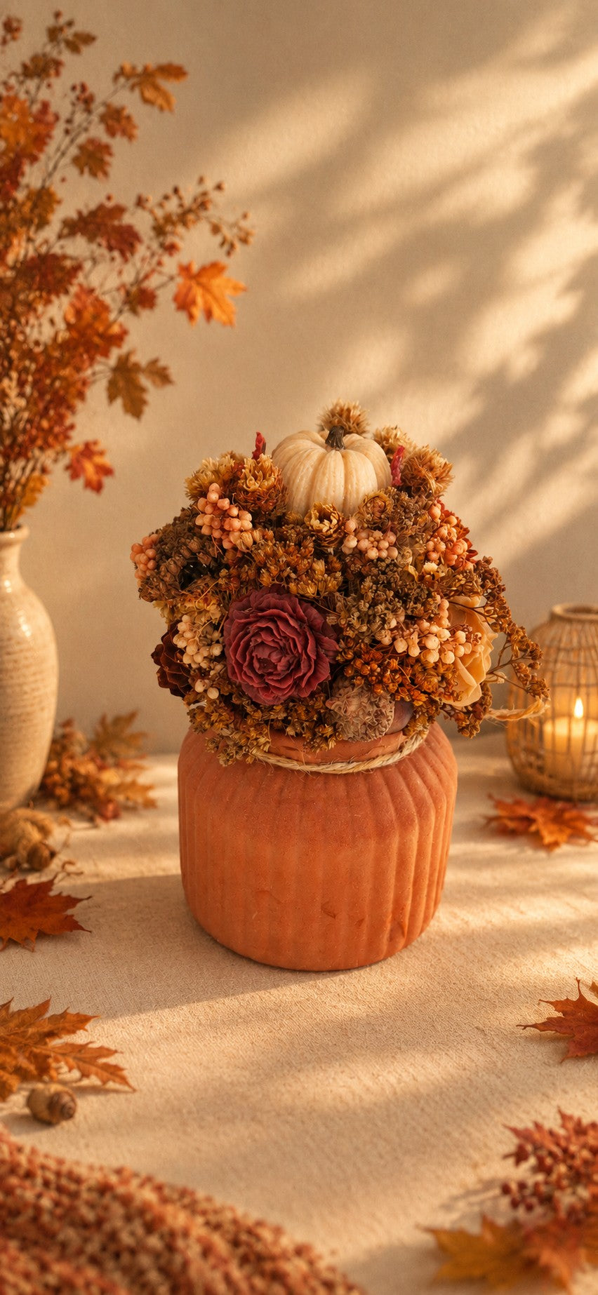 Petite composition florale d'automne en cire végétale, tons chauds dorés, citrouille ivoire et pot côtelé terracotta