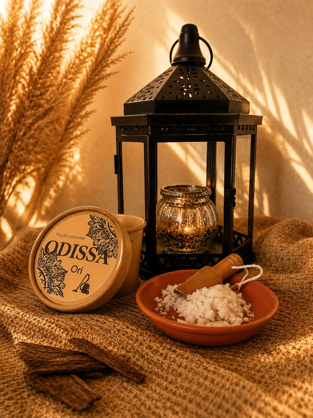 Poudre aspirateur parfumée Odissa Ori 100 g, boîte ronde présentée avec une lanterne noire et de la poudre parfumée dans une coupelle