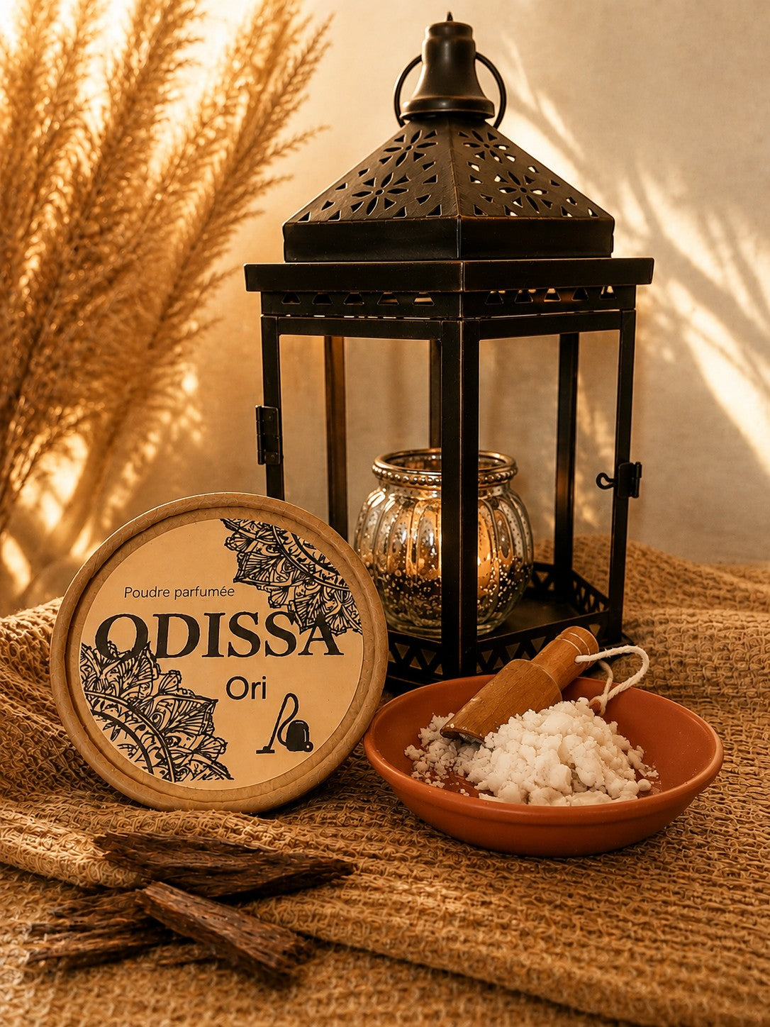 Poudre aspirateur parfumée Odissa Ori 100 g, boîte ronde avec poudre blanche dans une coupelle terracotta et cuillère en bois devant une lanterne orientale