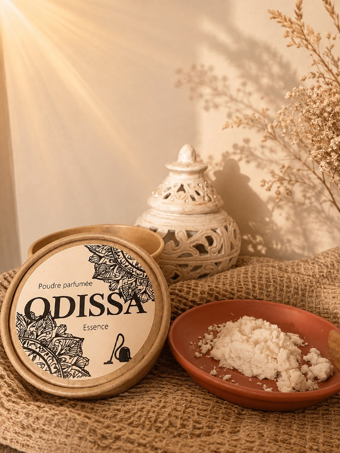 Poudre parfumée artisanale Odissa Essence présentée dans une coupelle en terre cuite, boîte ronde ouverte avec bâtons de bois précieux au premier plan, brûleur blanc et herbes séchées en décor